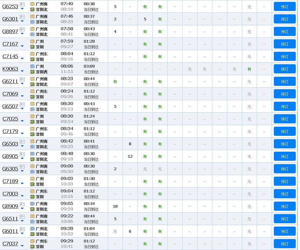 广州到深圳的动车有几班