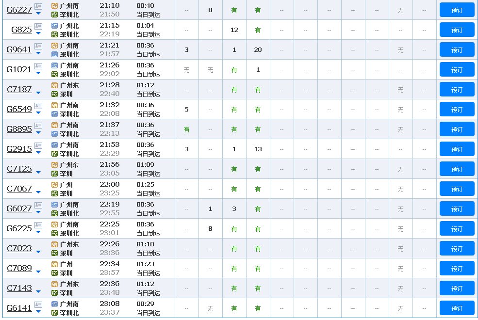 广州到深圳的动车有几班