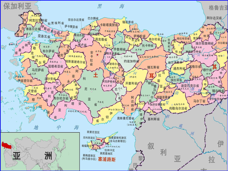 土耳其在地图上的位置
